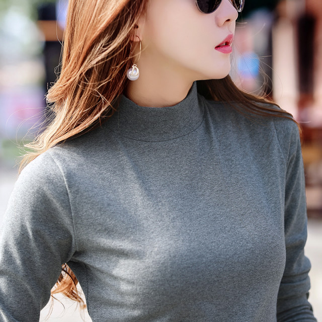 Pure cotton half-high neck bottom shirt for women in autumn and winter clothes thickened warm autumn clothes slim mid-neck trendy long-sleeved top