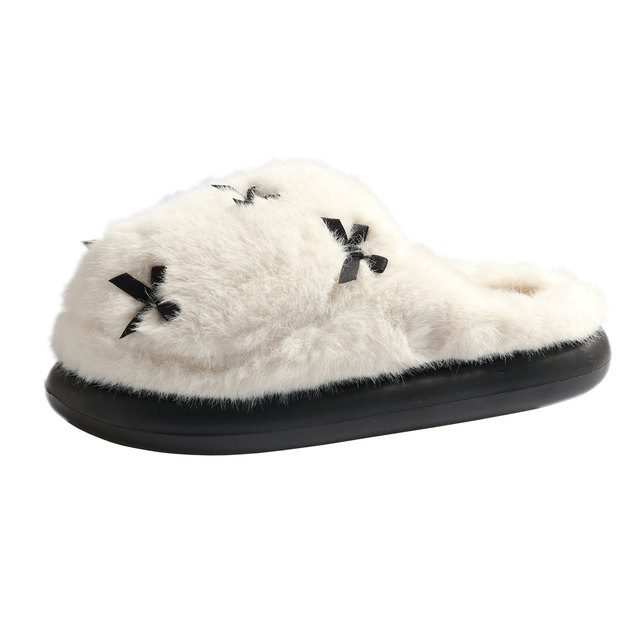 Fang Yulu ins style bow slippers for women 2025 autumn and winter new home warm anti-slip cotton shoes for outer wear