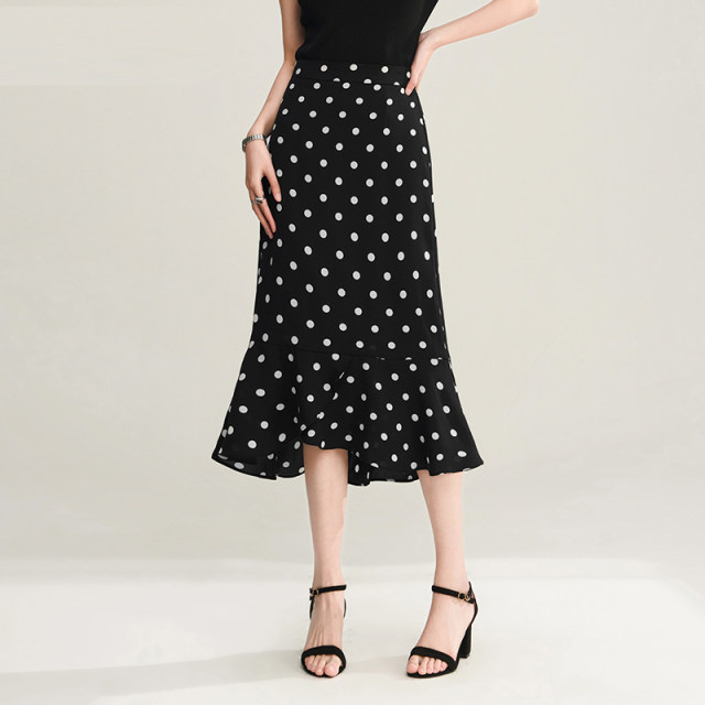 Polka dot skirt for women in summer new large size irregular ruffled hip fishtail skirt mid-length chiffon skirt