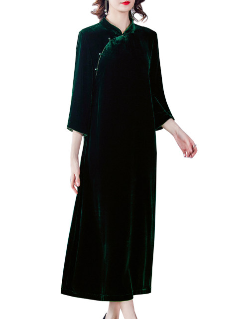 Middle-aged mother cheongsam dress noble and fashionable 2023 Spring and Autumn new high-end large-size women's gold velvet skirt