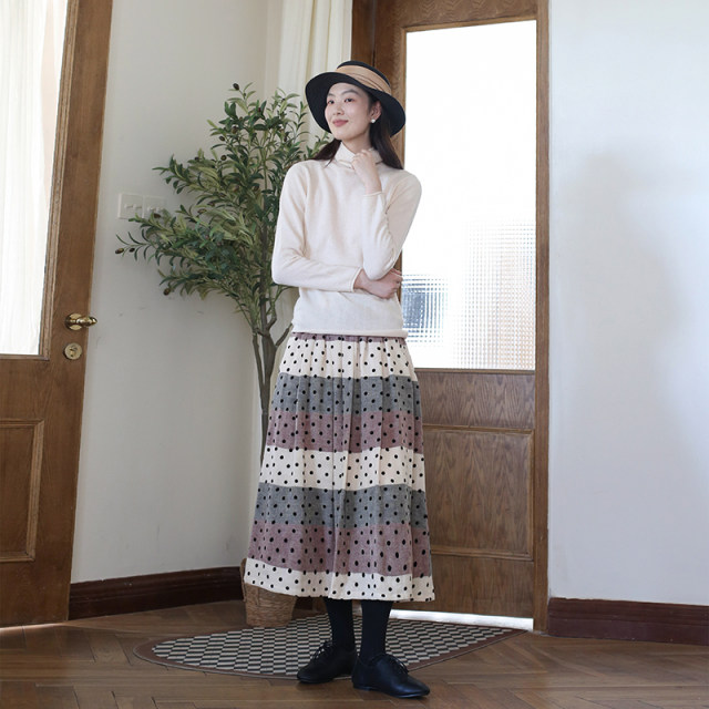 Spring and Autumn Pure Cotton Skirt Striped Polka Dot Skirt Literary Medium-Long A-line Skirt Versatile Slim Pleated Skirt Long Skirt
