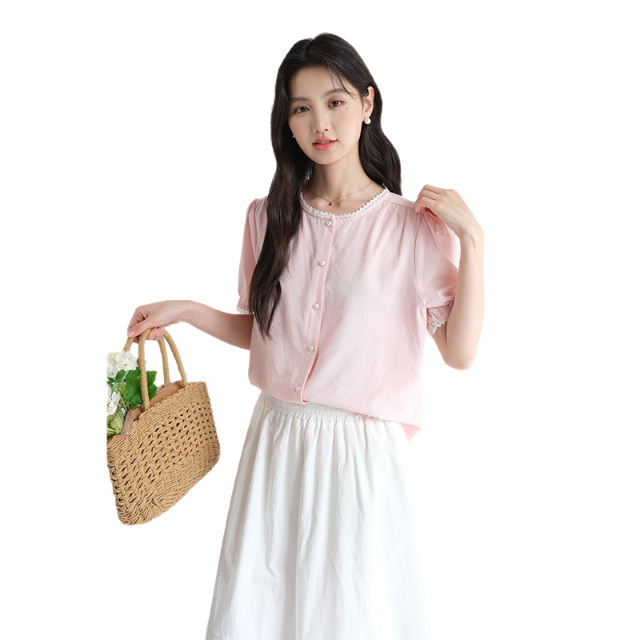 Lan Ruoshui large-size women's sweet temperament lace round neck shirt 2025 summer new French short-sleeved top