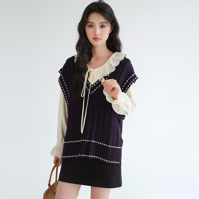 Blue Ruoshui large-size women's clothing layered with twisted knitted vest vest fat mm autumn new college style vest top