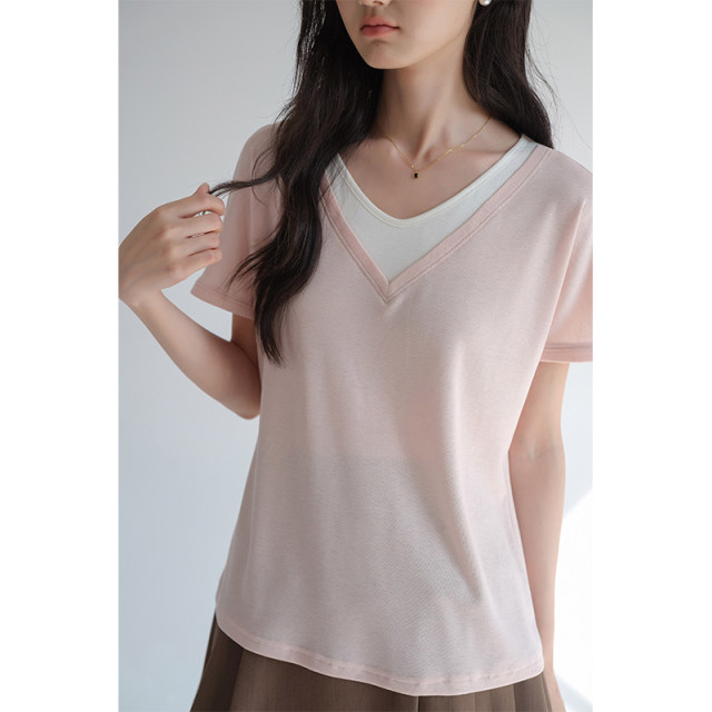 Lan Ruoshui's large-size women's clothing splicing fake two-piece V-neck T-shirt 2025 summer new fat MM huge slim and sweet top