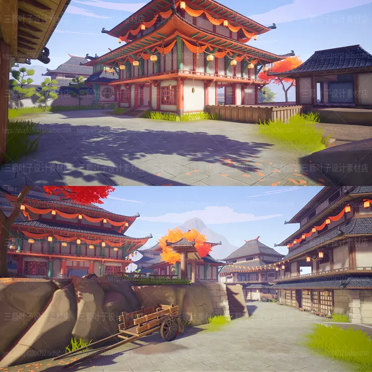 Ue4日本风格化寺庙3d模型卡通山水建筑和风场景游戏cg素材8655