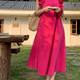 Temperament Rose Red Small Flying Sleeves Square Neck Dress Women's Summer Loose Slim Long Skirt Sweet Seaside Skirt