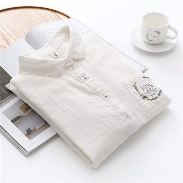 Small fresh cartoon cat embroidered double-layer cotton gauze long-sleeved white shirt for women in spring and autumn new loose casual shirt top