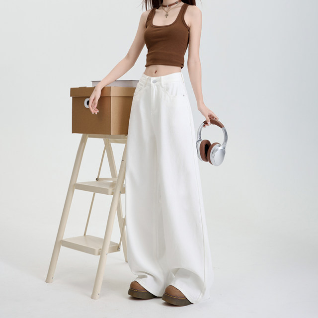 La Chapelle Puella white wide-leg pants loose casual comfortable lazy and slim simple classic jeans