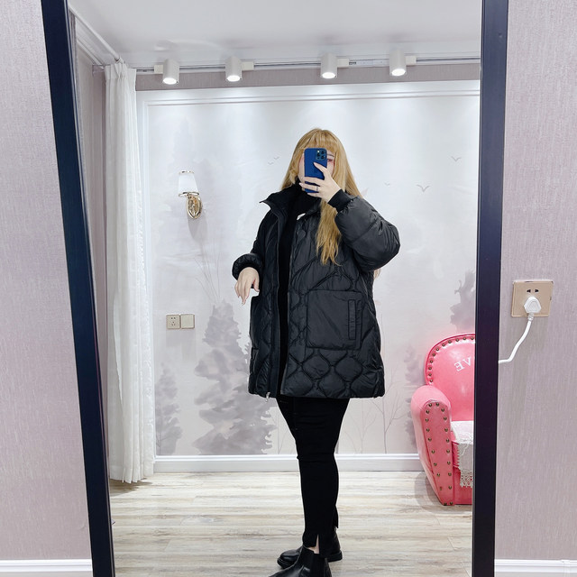 Fat fairy Yingying large size women's clothing fat mm simple loose meat-covering stand collar mid-length warm cotton jacket