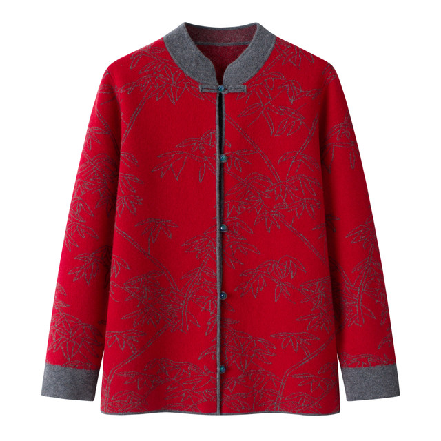 
2025 autumn and winter new middle-aged and elderly women's thickened stand-up collar Chinese style buckle 100% pure wool sweater mother's jacket