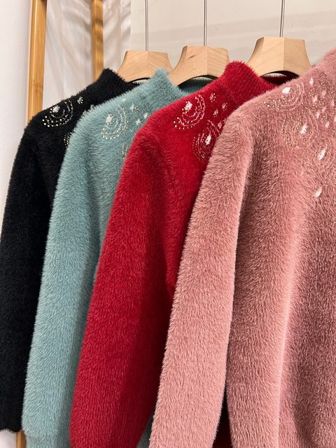 Winter high-end thickened mother's clothing, extra large size loose knitted imitation mink velvet, middle-aged and elderly half turtleneck pullover sweater