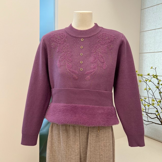 Winter elderly people's velvet thickened knitted sweater pullover loose and warm middle-aged and elderly mother's all-in-one velvet top