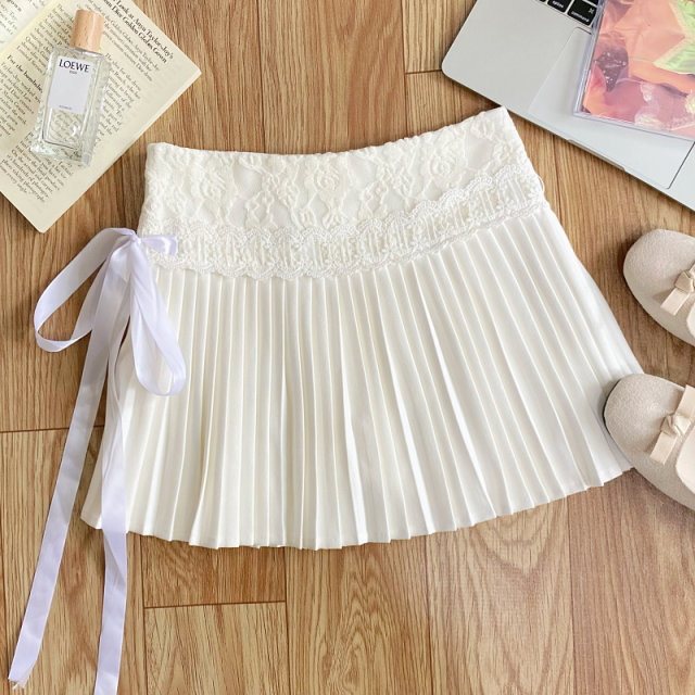 Sweet design lace spliced ​​side laces high waist slim pleated skirt short skirt for women spring and summer new style