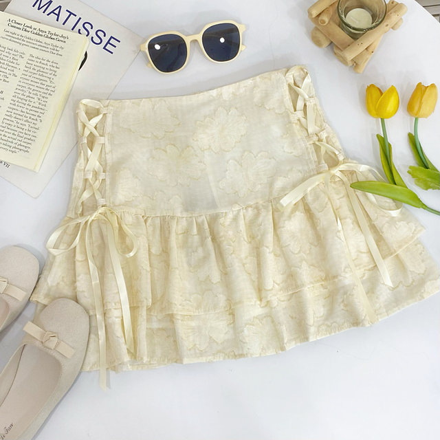 Design versatile side strap bow high waist ink printed ruffle cake skirt skirt short skirt women