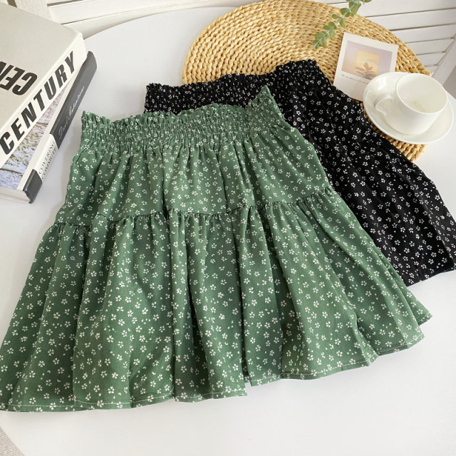 Sweet and small fresh floral ruffled skirts Summer new high -waisted versatile A -line light skirt female
