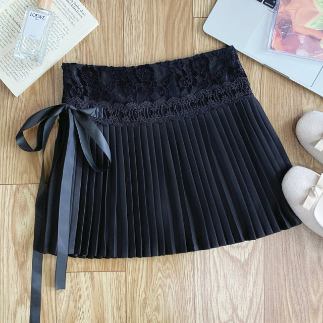 Sweet design lace spliced ​​side laces high waist slim pleated skirt short skirt for women spring and summer new style