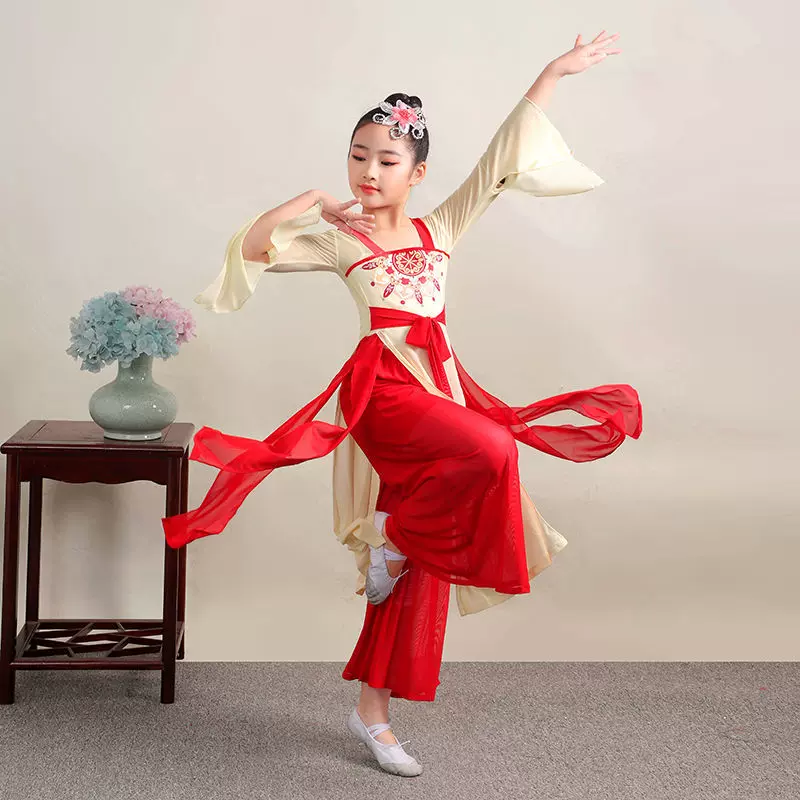 儿童古典舞演出服复古女童飘逸舞蹈纱衣中国舞练功服民族