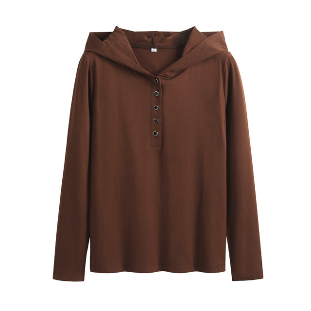 Brown hooded T-shirt for women spring and autumn new long-sleeved hooded casual top 40-year-old female plus size thin hoodie