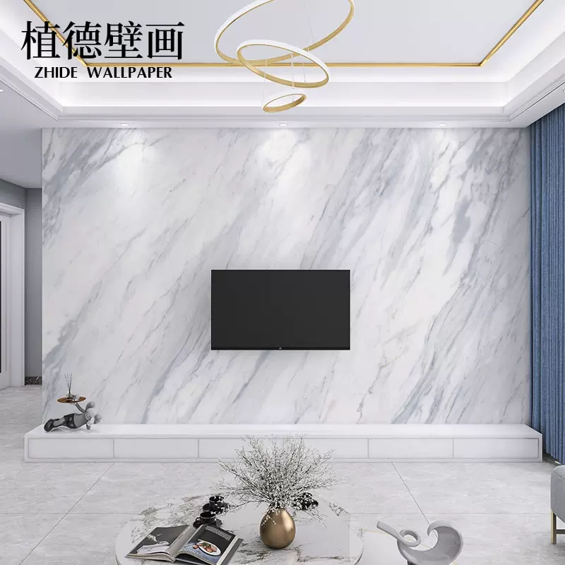 現代北歐電視背景牆壁紙8d客廳輕奢爵士白仿大理石紋壁畫