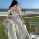 French ruffled beach short-sleeved dress new seaside vacation style high-end fairy flowing suspender skirt
