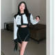 2025 spring hot girl style short motorcycle suit leather jacket contrast leather jacket women zipper skirt two-piece set
