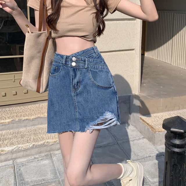 BANA foreign trade original single export asymmetric American retro high waist A-line ripped denim skirt skirt skirt skirt
