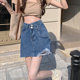 BANA foreign trade original single export asymmetric American retro high waist A-line ripped denim skirt skirt skirt skirt