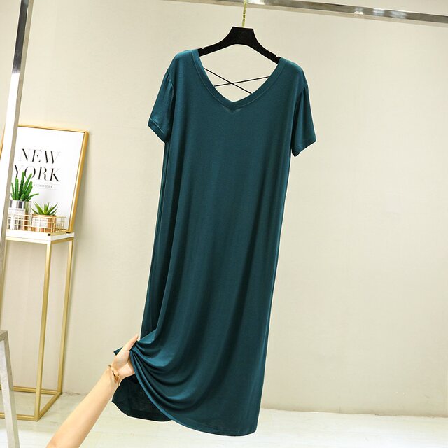 
Modal V-neck long dress summer thin slit short-sleeved T-shirt skirt loose home nightgown large size casual skirt