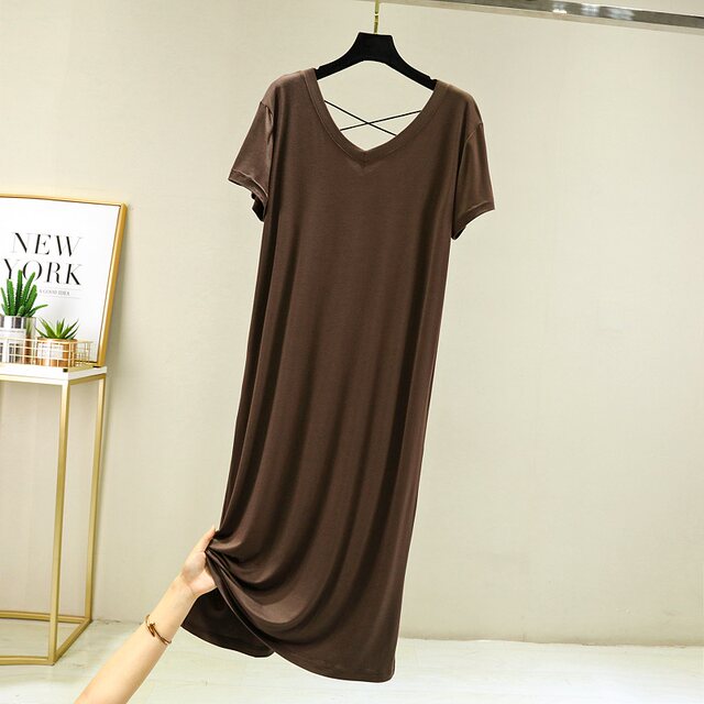 
Modal V-neck long dress summer thin slit short-sleeved T-shirt skirt loose home nightgown large size casual skirt