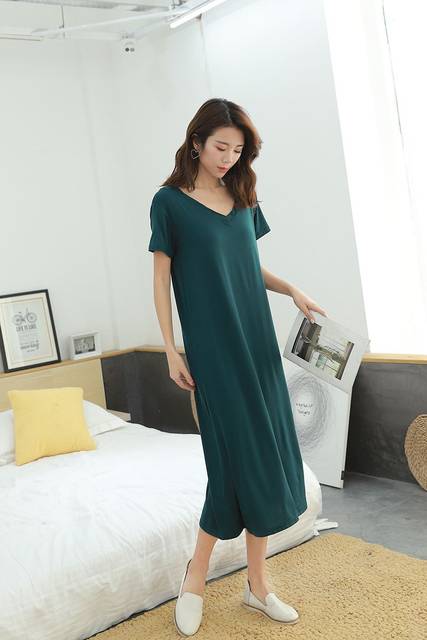 Summer large size Modal short -sleeved dress female new V -neck base pregnant women skirt loose casual long skirt
