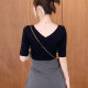 Front and rear V-neck mid-sleeved T-shirt for women with five-quarter sleeves pure cotton tight inner bottom shirt seven-quarter sleeve low-neck backless top
