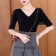 Front and rear V-neck mid-sleeved T-shirt for women with five-quarter sleeves pure cotton tight inner bottom shirt seven-quarter sleeve low-neck backless top