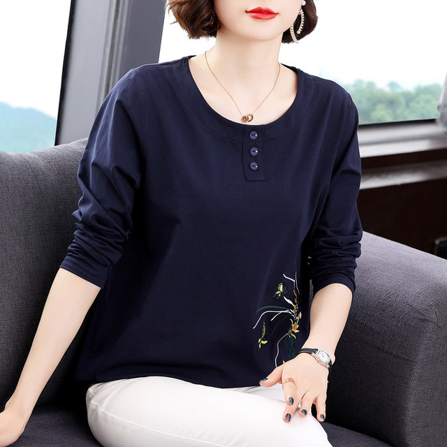 Mom Spring and Autumn Clothing 2025 new autumn clothes wear pure cotton long-sleeved T-shirt for women and middle-aged women's tops loose base shirt