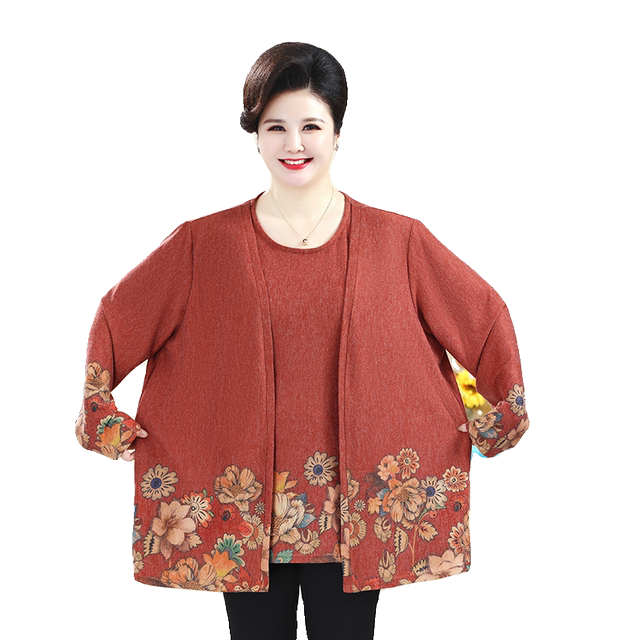 Middle-aged and elderly women's spring clothes, long-sleeved fake two-piece tops, plus fat body, large size, fat mother spring and autumn knitted T-shirt small shirt
