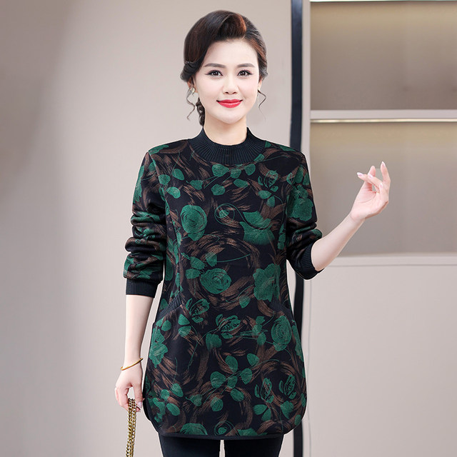 
Fat Mom Sweater Autumn and Winter Plus Velvet Long Sleeve Middle-aged and Old Women Plus Size Large Size Bottoming Shirt Middle-aged Warm Thick Top