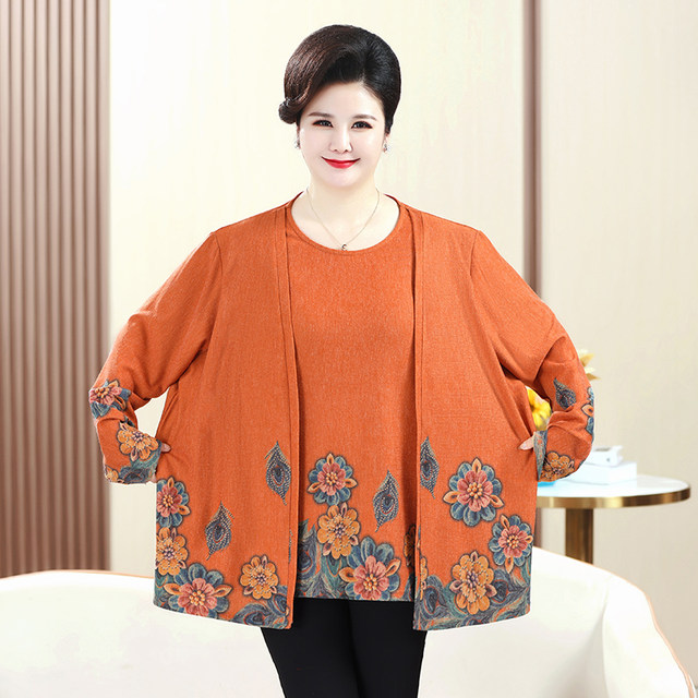 Middle-aged and elderly women's spring clothes, long-sleeved fake two-piece tops, plus fat body, large size, fat mother spring and autumn knitted T-shirt small shirt