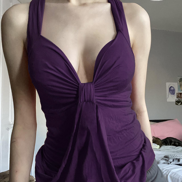 H-home European and American women's clothing, ancient charm pleated bow, purple suspender elegant sexy breasts, backless short top