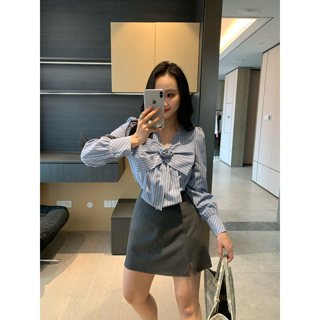 XINYI Spring Bow Striped Shirt Women's Slim and Versatile Shirt X625C00879
