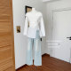 One-length neck off-shoulder temperament white shirt for women with waist-length slit hem design long-sleeved top
