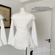 One-length neck off-shoulder temperament white shirt for women with waist-length slit hem design long-sleeved top
