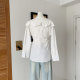 One-length neck off-shoulder temperament white shirt for women with waist-length slit hem design long-sleeved top
