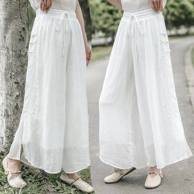 High-end embroidered pure large size women's summer thin style high waist big swing nine-point slim white casual double-layer wide-leg skirt pants