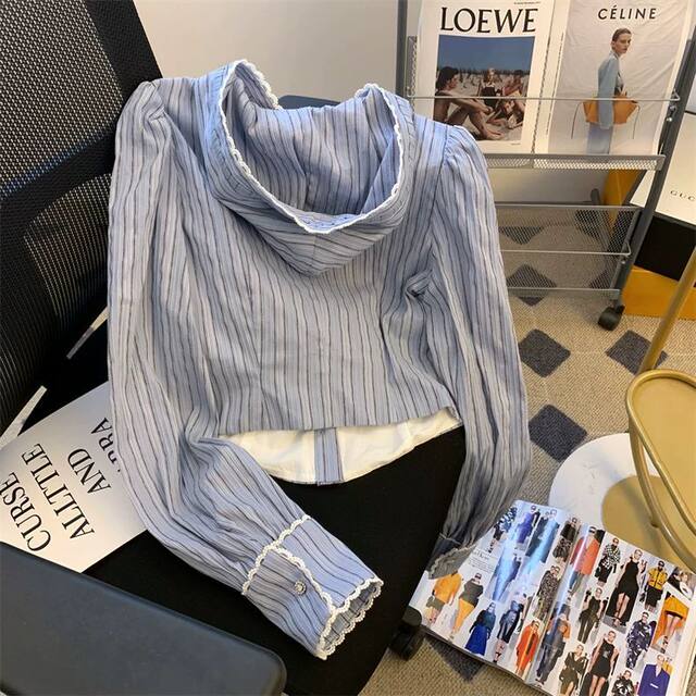 ins bow blue striped hooded shirt college style fashionable waist-hugging and slimming and chic 300 Jin [Jin equals 0.5 kg] fat mm top