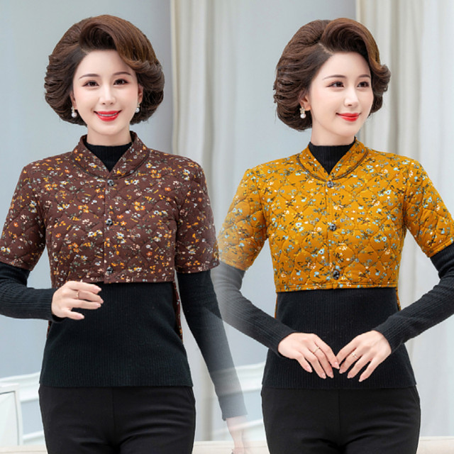 Middle-aged and elderly female mothers back-protecting small cotton-padded coat for autumn and winter plus velvet long-sleeved velvet to protect against cold, thickened shoulder pads and waist protection to keep warm