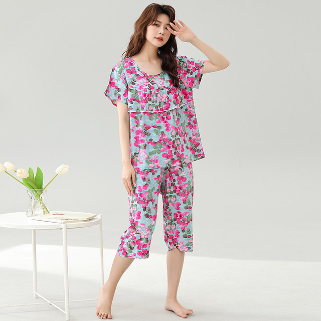 In summer, you can wear cotton and silk home clothing set women thin loose artificial cotton pajamas. Two sets of anti -convex spots
