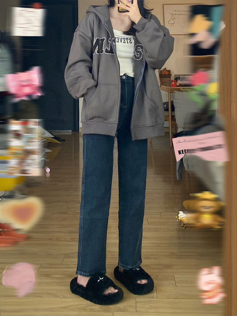 Pear-shaped body cover hips pants, large size women's straight nine-point jeans, small and slightly fat girls' outfit autumn style