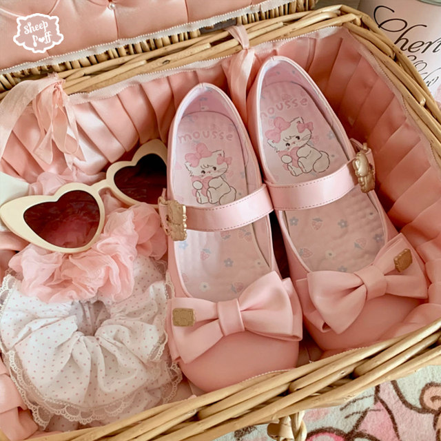 Mikko hug mid low -heeled sheep puff lolita joint bow single shoes
