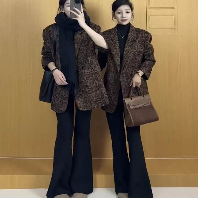 2024 Autumn New European High-end Retro Leopard Print Suit Jacket Women's Loose Casual and Versatile Suit Top