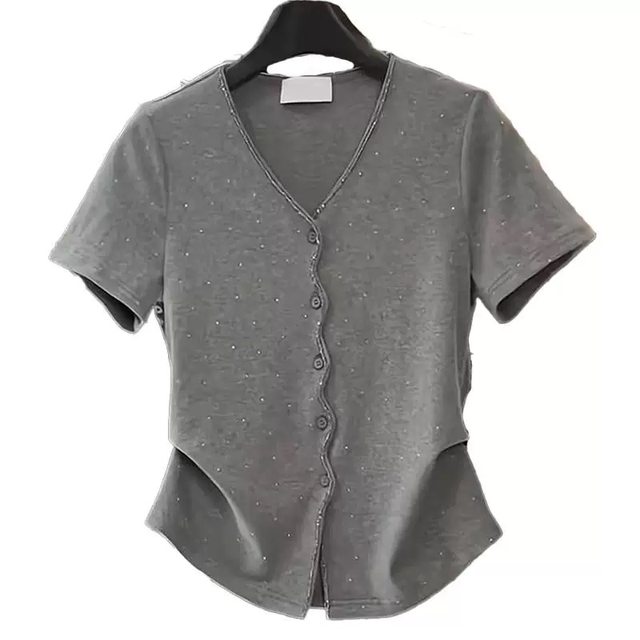 
DAIZZE~ Heavy Industry Hot Diamond Wrinkle Single Breakdown Short-sleeved Small Shirt V-neck Cardigan Top Waisted Slim T-shirt Women's Trendy