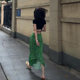 Retro green diamond printed skirt female 2024 summer new high -waisted slimming after split bag hip long skirt
